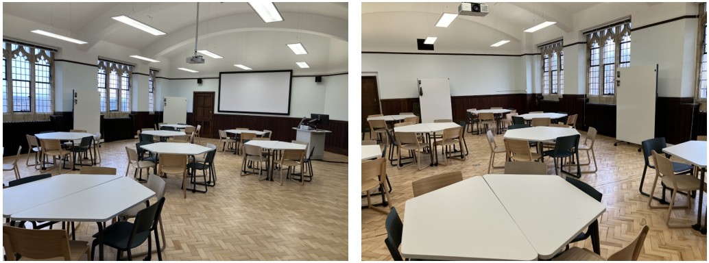 Teaching space with movable furniture and whiteboards for active learning set up..